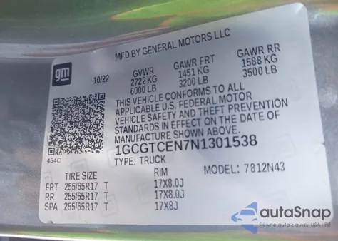 2022 Chevrolet Colorado 4Wd Short Box Lt z USA, uszkodzony, nr VIN 1GCGTCEN7N1301538